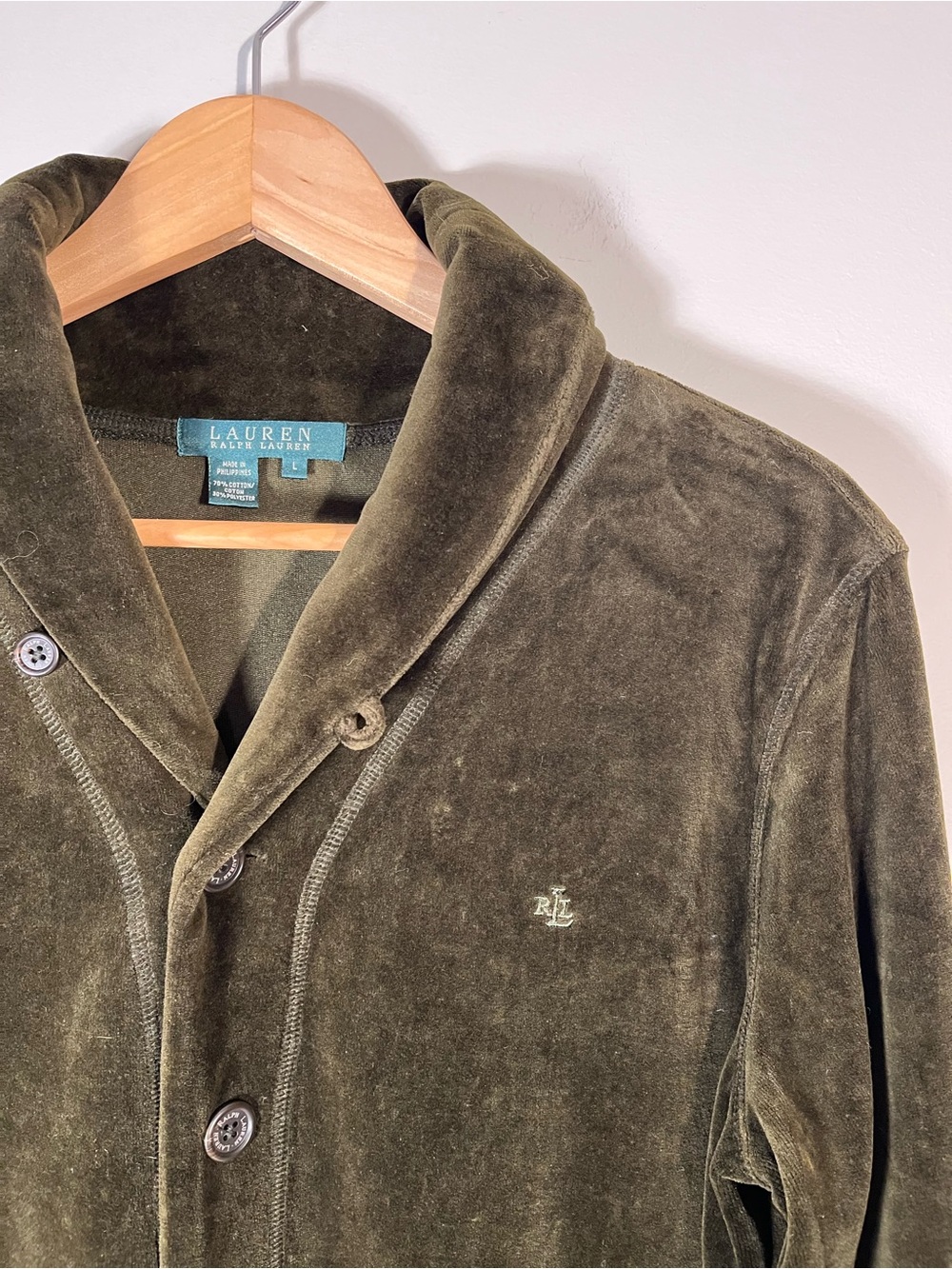 Lauren Ralph Lauren Vintage Olive Green Velvet Velour Shawl Collar Jacket Large - Picture 6 of 13